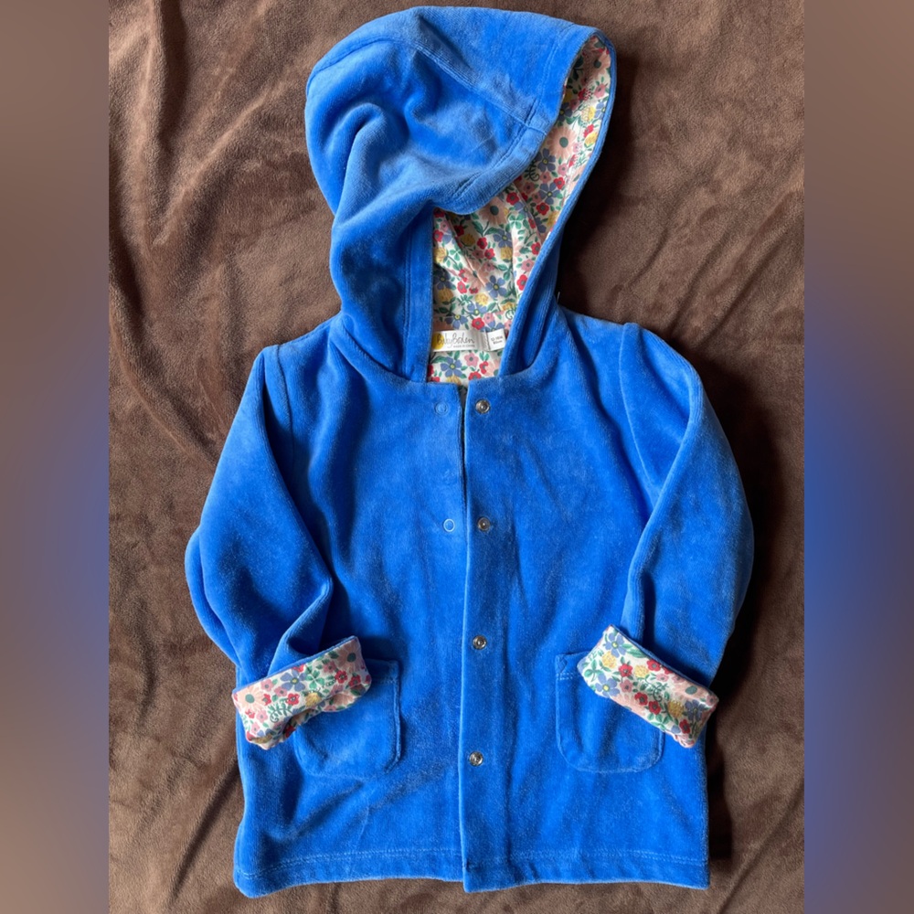 Beautiful blue baby boden hooded jacket with floral lining and pockets